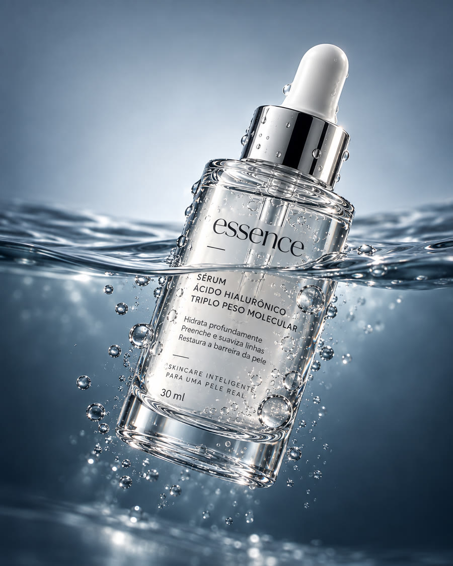 Frasco de sérum essence dentro da água, cercado de bolhas